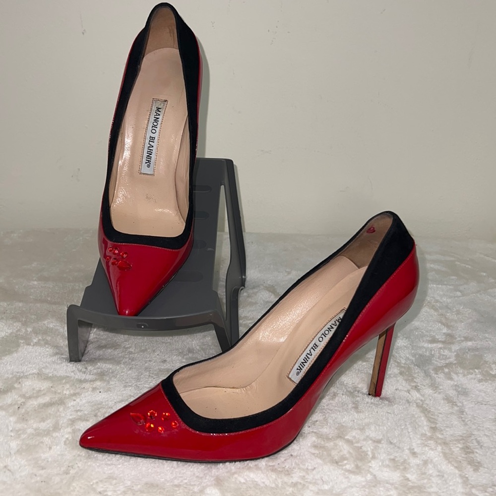 Authentic, Manolo Blahnik Red Patent Leather Black Suede Heels Sz. 38